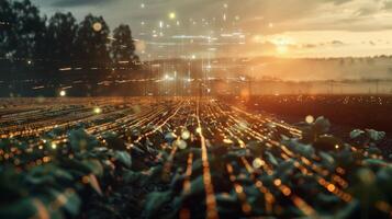 Futuristic smart farm utilizing advanced technology at sunset photo