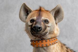 close up of a smiling dog with spiked collar photo