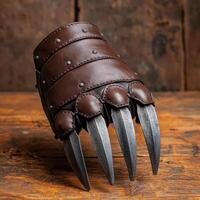 Leather glove with sharp metal claws photo