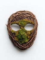 Whimsical nature mask made of twigs and moss photo