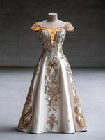 Elegant and ornate evening gown with intricate gold embroidery and pearl embellishments photo