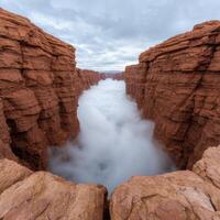 Dramatic landscape of red rock canyon with fog photo