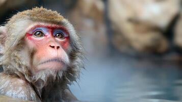 close up of a snow monkey in hot spring photo