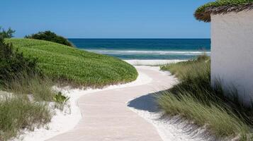 Peaceful beach scene with sand path and ocean view photo