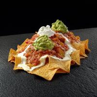 Delicious nachos with guacamole and sour cream photo