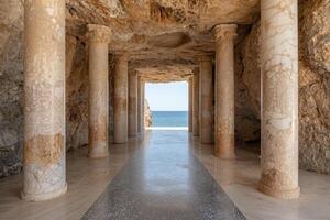 Marble columns in a cave like structure overlooking the sea photo