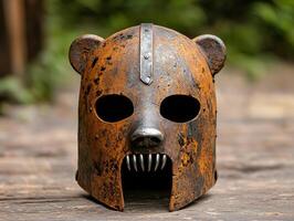 Rusty and worn medieval style helmet with horns and sharp teeth photo