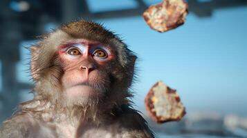 Curious snow monkey looking at falling rocks photo