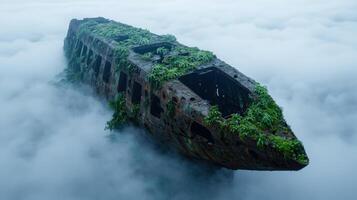 Abandoned ship overgrown with lush vegetation in the mist photo