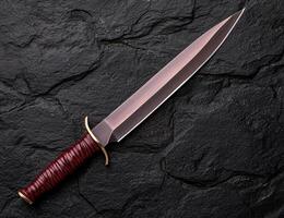 Shiny dagger with red leather handle on dark background photo