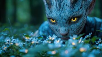 Mysterious blue creature in forest photo