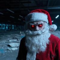 Sinister Santa Claus with glowing red eyes in snowy night photo