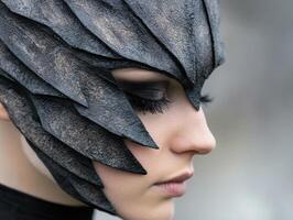 Close up of a persons face partially obscured by a dark fabric photo