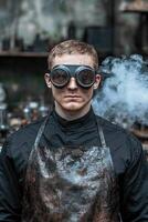 Man in protective goggles and apron working in industrial setting photo