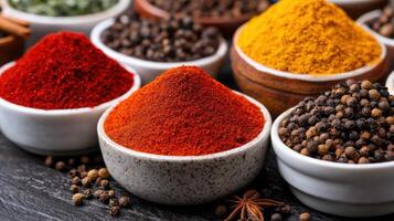 Assortment of colorful spices in bowls photo