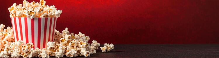 Delicious popcorn in a striped container on a red background photo