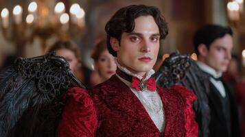 man in elegant red velvet costume at formal event photo