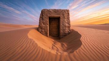 ancient desert doorway at sunset photo