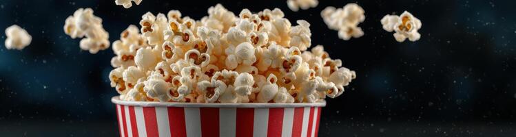 Delicious freshly popped popcorn in a striped container photo