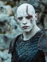 Mysterious warrior with scarred face photo