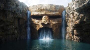 Ancient waterfall and rock formation with hieroglyphic carvings photo