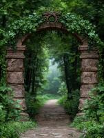 Enchanting forest path through stone arch photo