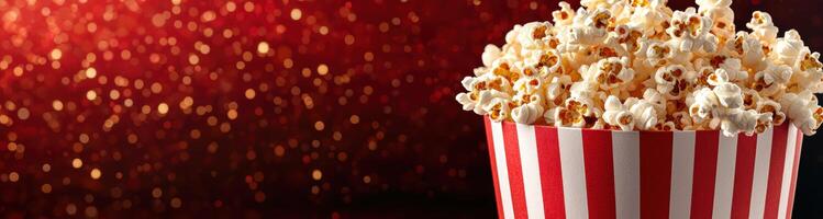 Popcorn in a striped box on a glittering red background photo