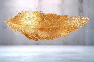 Shimmering golden feather with glittering sparkles photo