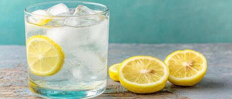 refreshing lemon soda with ice cubes photo