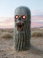 Terrifying cactus monster with glowing red eyes in the desert photo