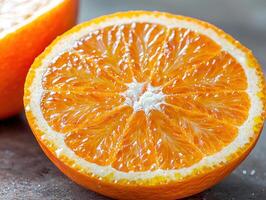 Juicy orange slice close up photo