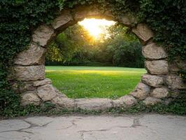 Serene nature landscape with stone arch frame photo