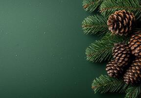 pine tree branches with pine cones on green background photo