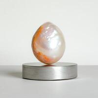 Iridescent pearl like egg shaped object on metallic stand photo