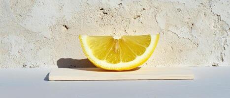 Freshly sliced lemon on wooden surface photo