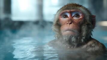 close up portrait of a thoughtful snow monkey in a hot spring photo