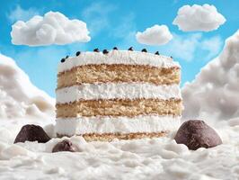 delicious layered cake with whipped cream and chocolate chips in the clouds photo