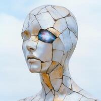 Cracked futuristic robot face with glowing eye photo