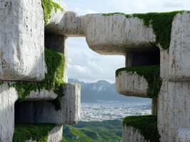 Dramatic concrete architecture with lush greenery overlooking a cityscape photo