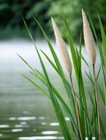 Tall grass and cattails in a tranquil pond photo