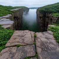 Dramatic rocky cliffs overlooking a misty valley photo
