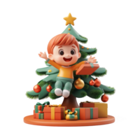 A child excitedly opening a Christmas present under a fir tree decorated with ornaments 3D icon isolate on transparent background png