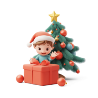 A child excitedly opening a Christmas present under a fir tree decorated with ornaments 3D icon isolate on transparent background png