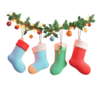 christmas garland with lights and ornaments with 4 different colored stockings hanging 3D icon cartoon minimalist isolate on transparent background png