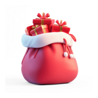 Santa's bag with gift boxes 3D icon cartoon smooth soft light isolate on transparent background png