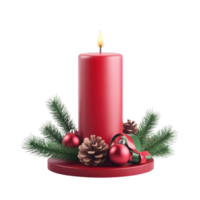 Christmas red candle with ribbon and baubles with pinecones and green fir branch 3D icon cartoon smooth soft light isolate on transparent background png