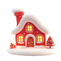Red decoration Christmas house with snow 3D icon cartoon smooth soft light isolate on transparent background png
