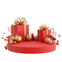Christmas podium with gold and red decorations and presents 3D icon isolate on transparent background png