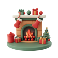 Christmas fireplace with red stockings gifts and decorations 3D icon isolate on transparent background png