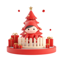 cute baby in red onesie is sitting in a cot, a christmas tree behind, some presents around 3D icon isolate on transparent background png